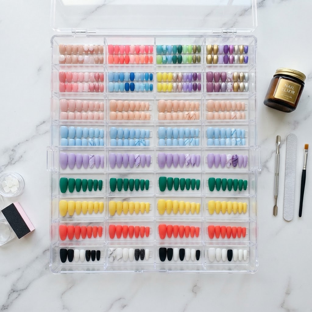 An organized storage system keeps your press-on nails safe and accessible.