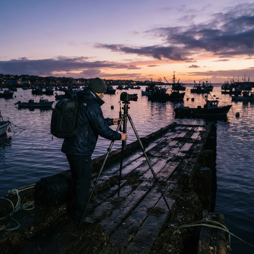 Preparing for the perfect shot as dawn breaks in a fishing harbor.