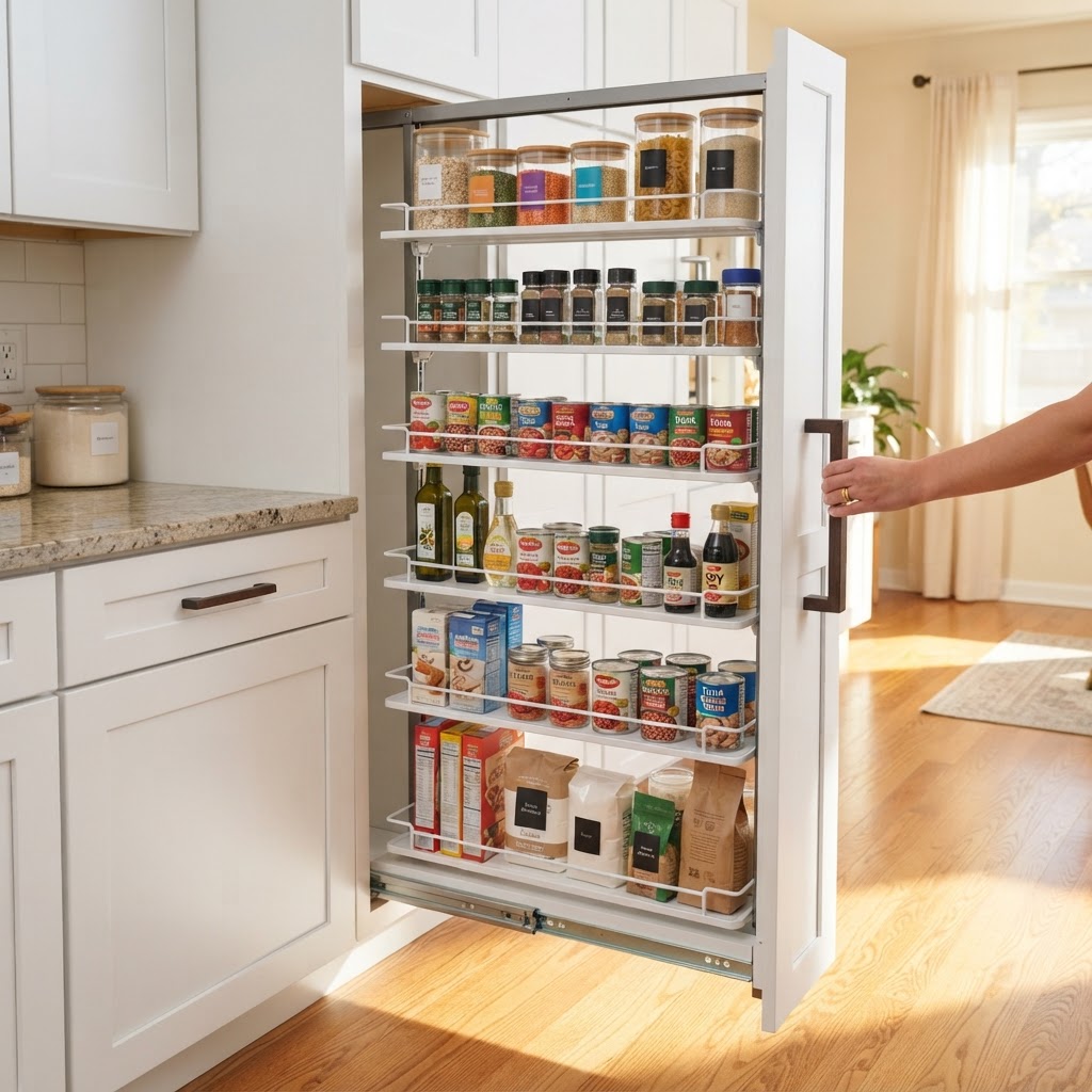 A slim pull-out pantry makes accessing small items easy and efficient.