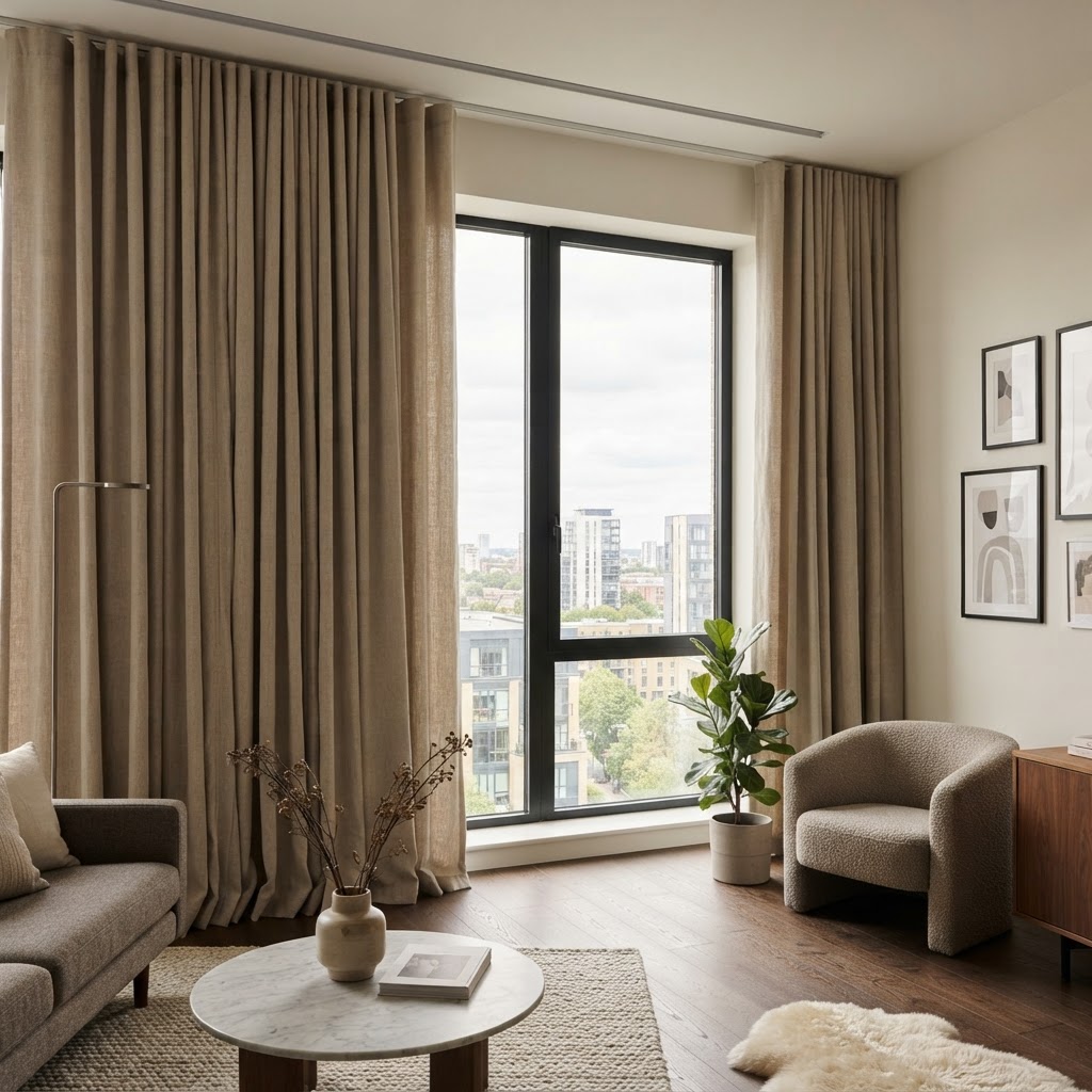 Floor-to-ceiling curtains transform the room's height.