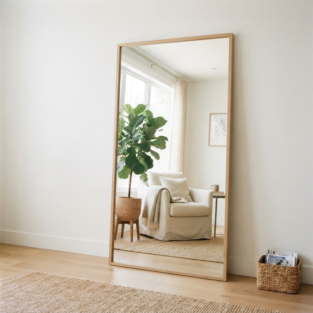 Leaning a floor mirror creates a chic, non-permanent style.
