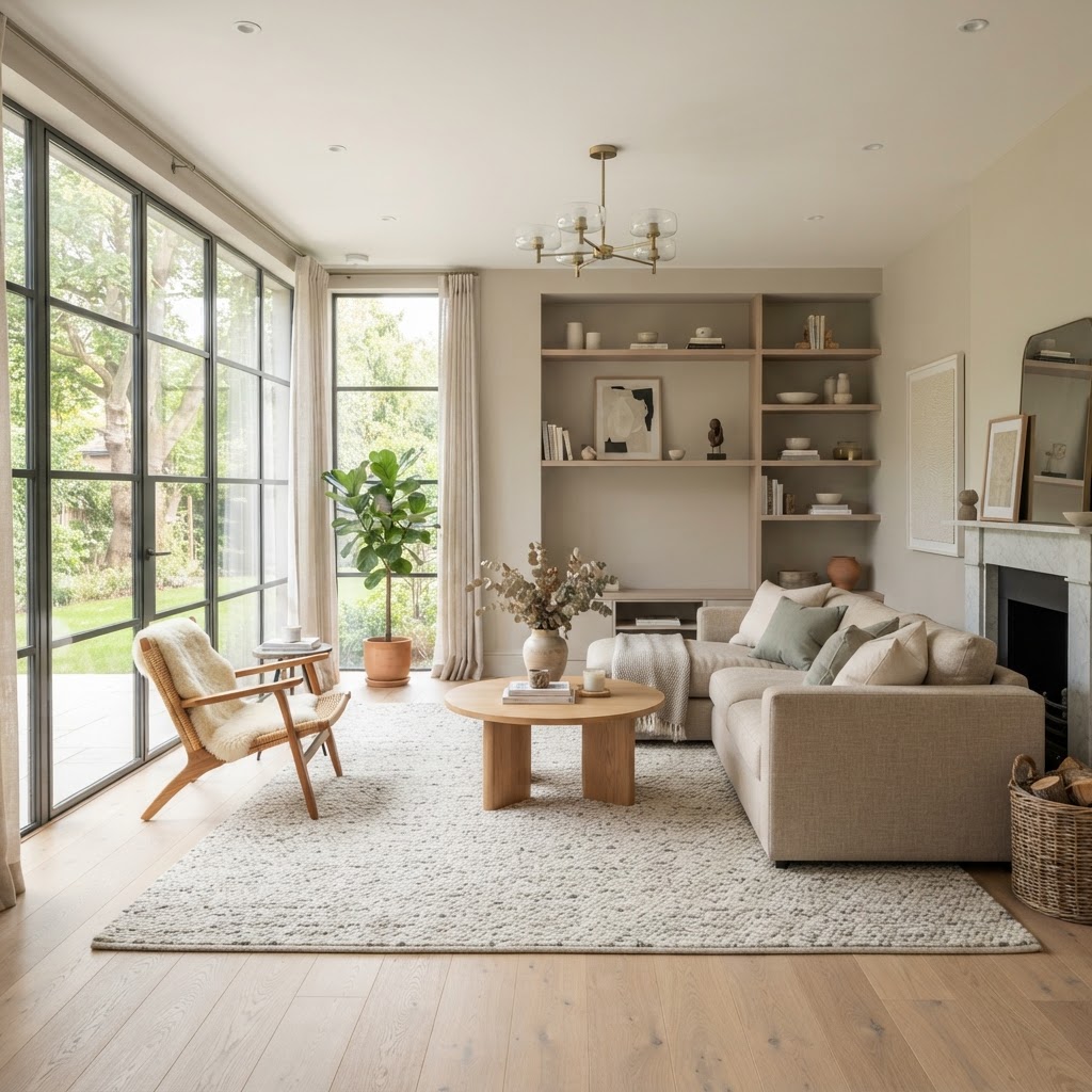 Soft greige walls help this living room feel airy and expansive.