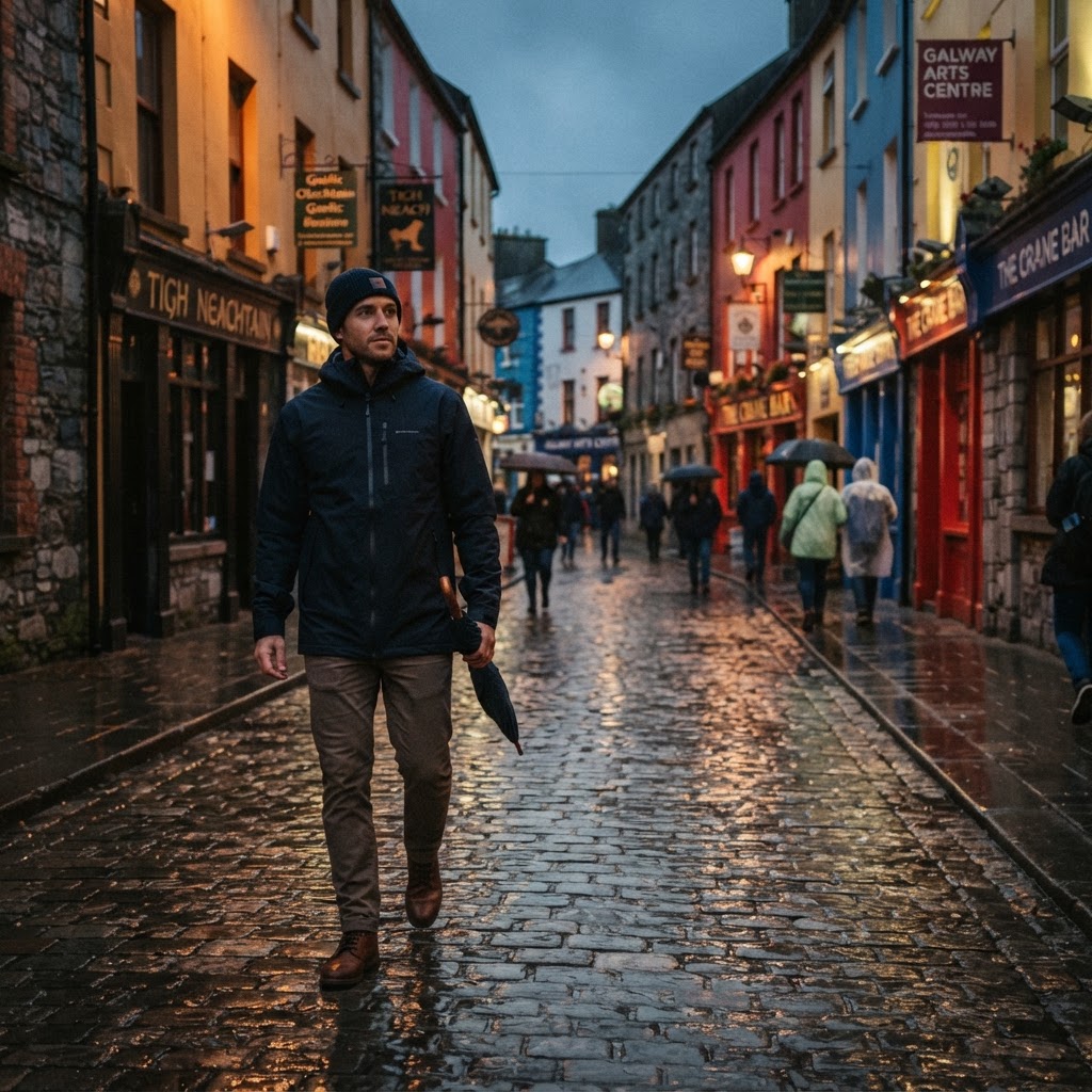 Staying stylish and dry while exploring Galway's streets.