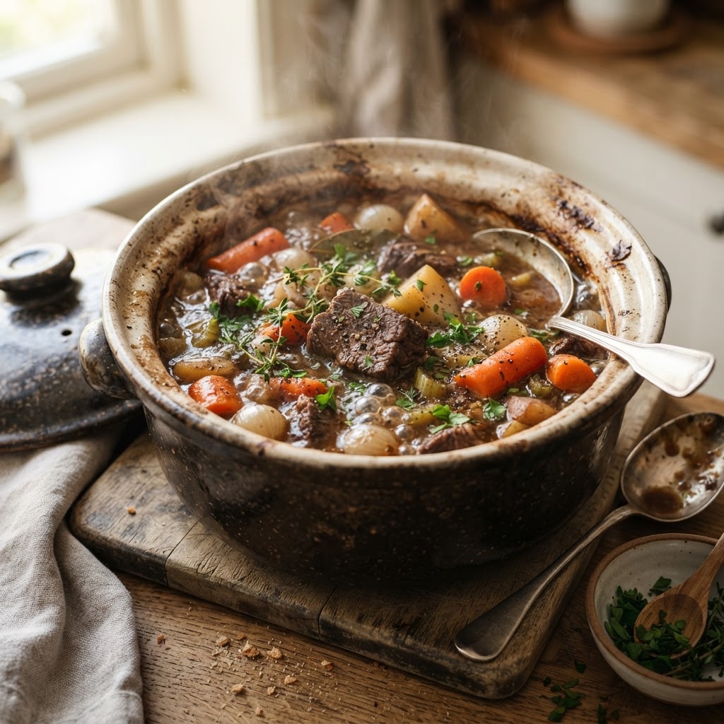 A hearty, slow-cooked beef stew fresh from the crockpot.