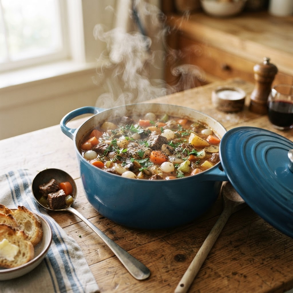 Hearty beef stew in a classic blue pot, perfect for dinner.