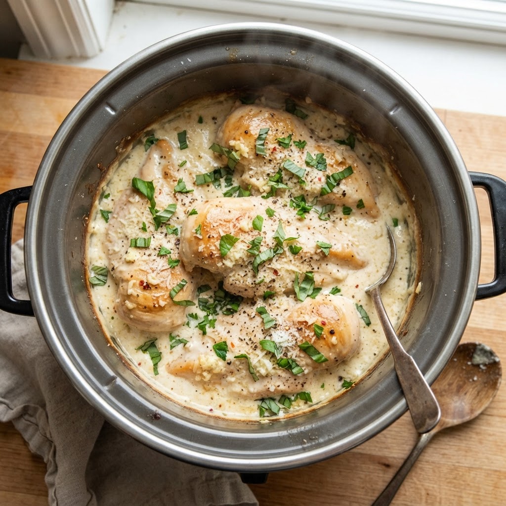 Tender chicken breast ready to serve from the slow cooker.