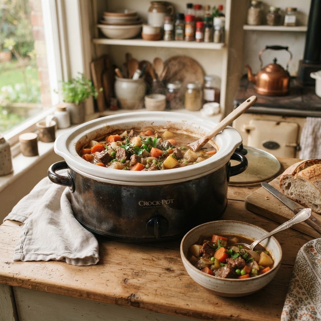 A hearty batch of Poor Man's Stew slow-cooking to perfection.