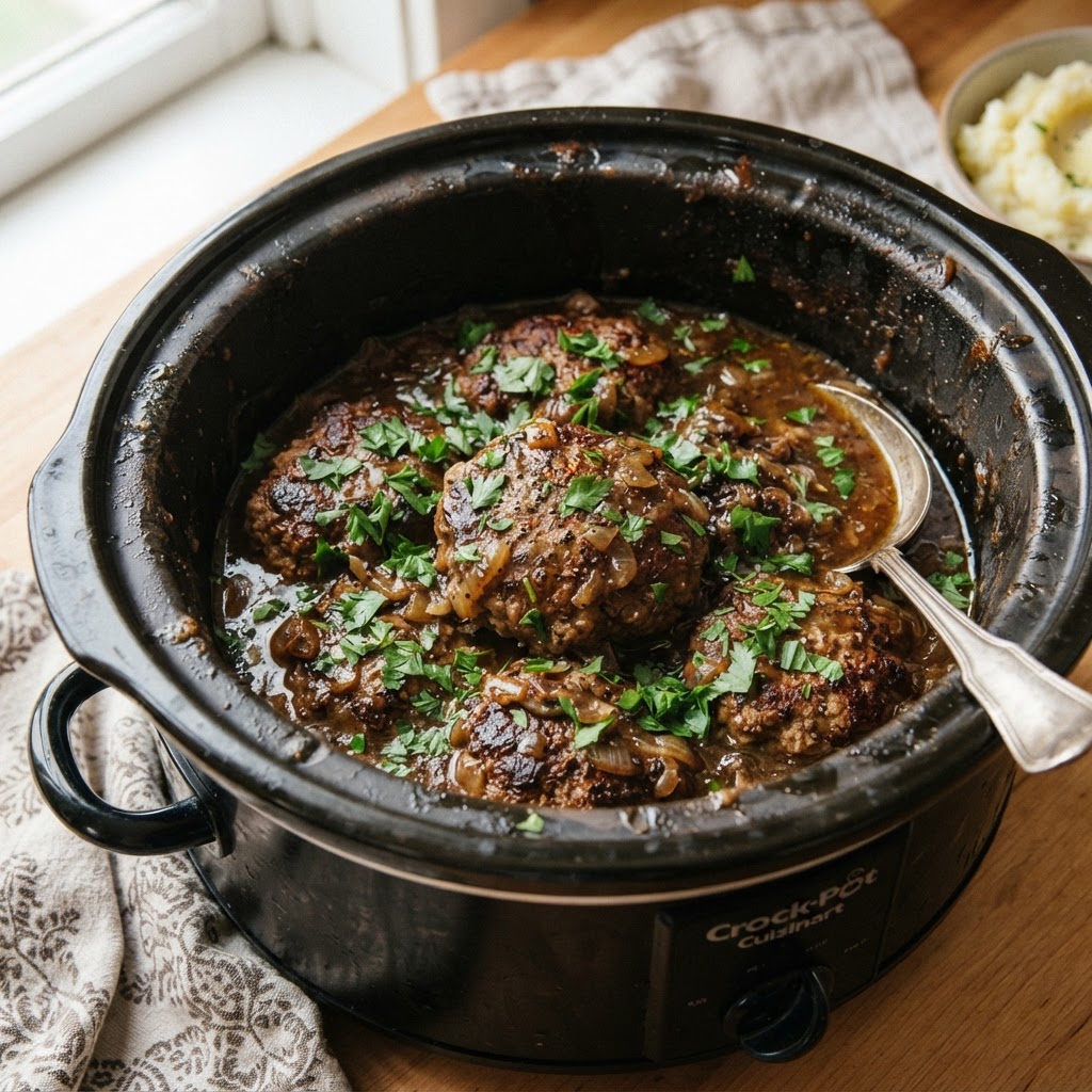 Savory Salisbury steak with rich gravy prepared in a slow cooker.