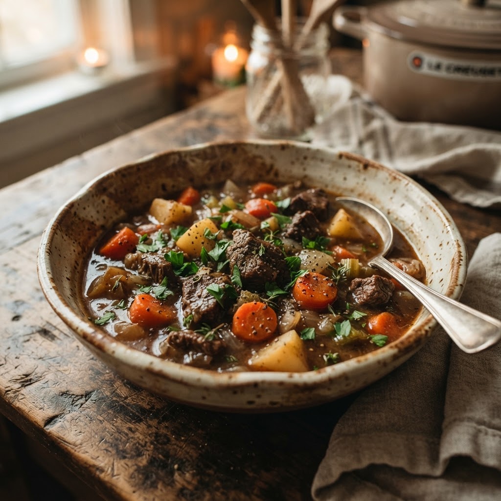 A steaming bowl of tender slow cooker beef stew ready to serve.