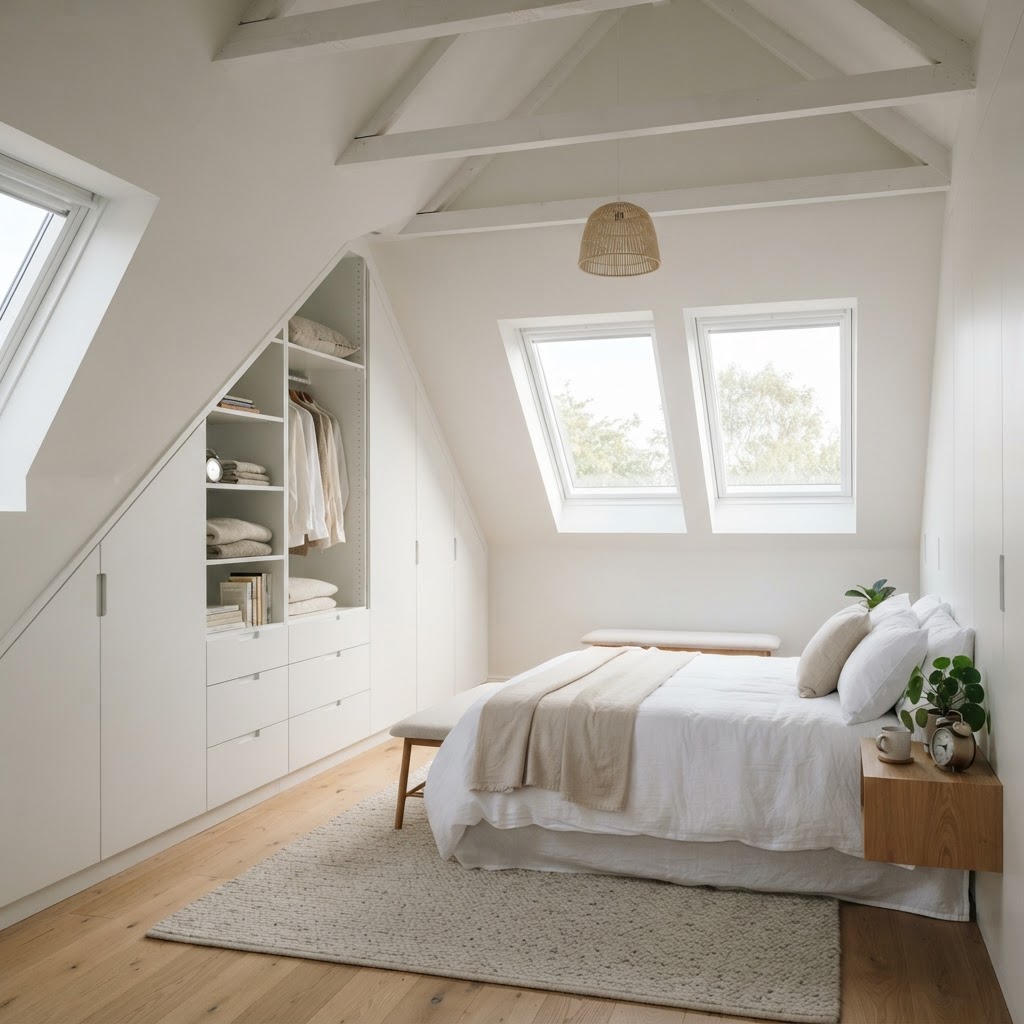 Custom built-in storage under the eaves maximizes attic floor space.