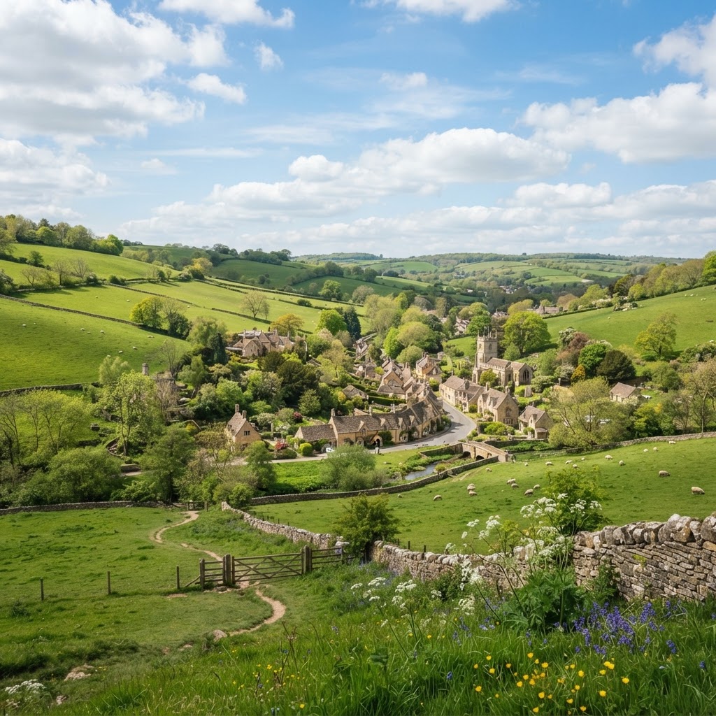 Rolling hills surrounding a hidden village.