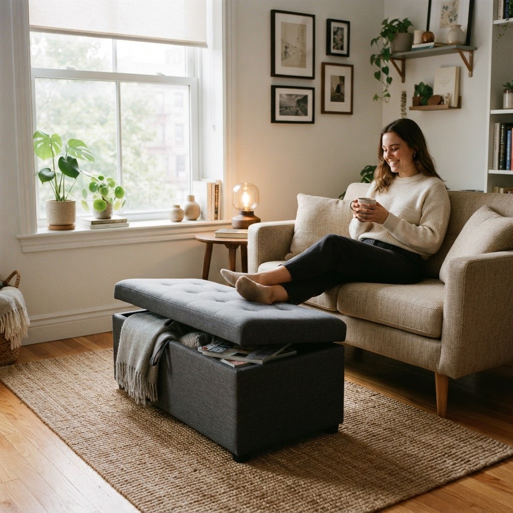 Choose multipurpose furniture like storage ottomans to maximize small floor plans.