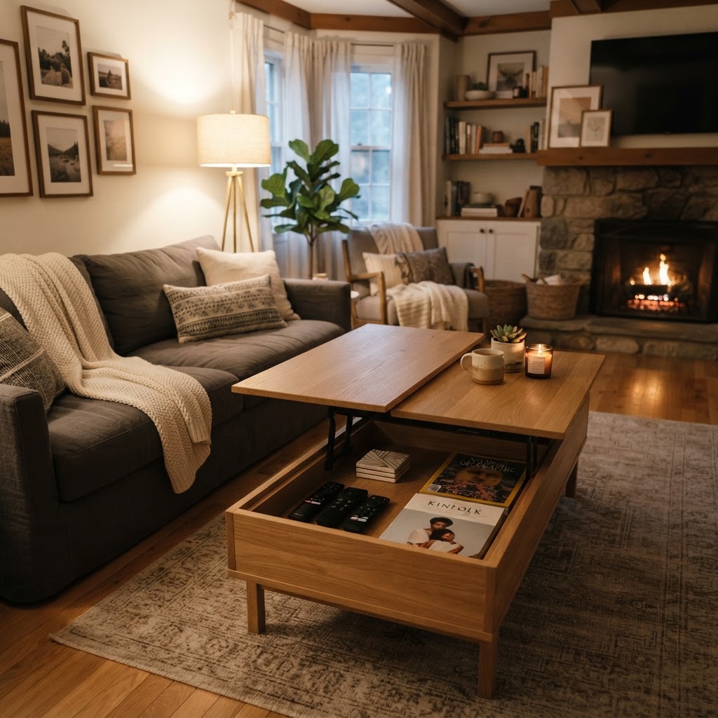 A lift-top coffee table creates a secret workspace and storage area.