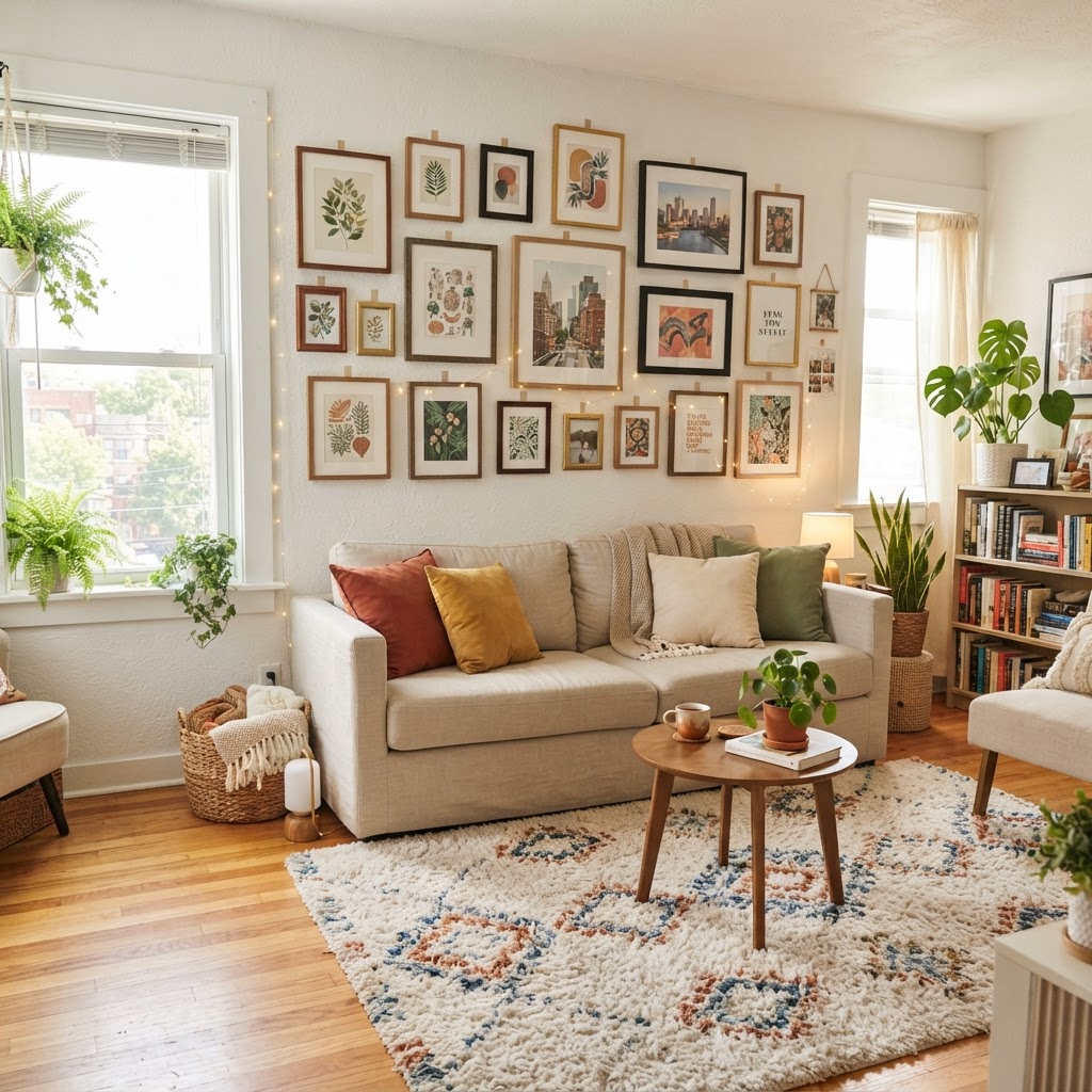 A rental-friendly gallery wall that avoids wall damage.