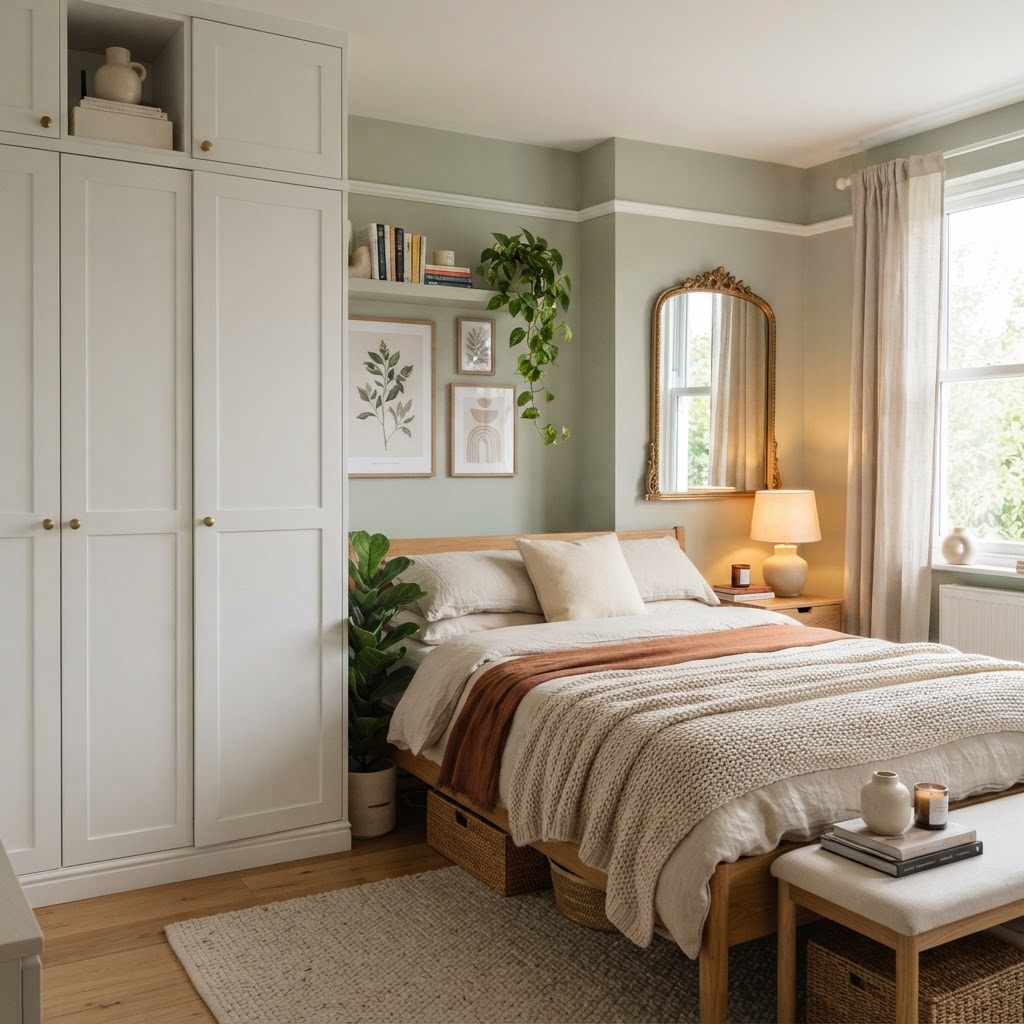 Vertical wardrobes and mirrors create the illusion of extra space.