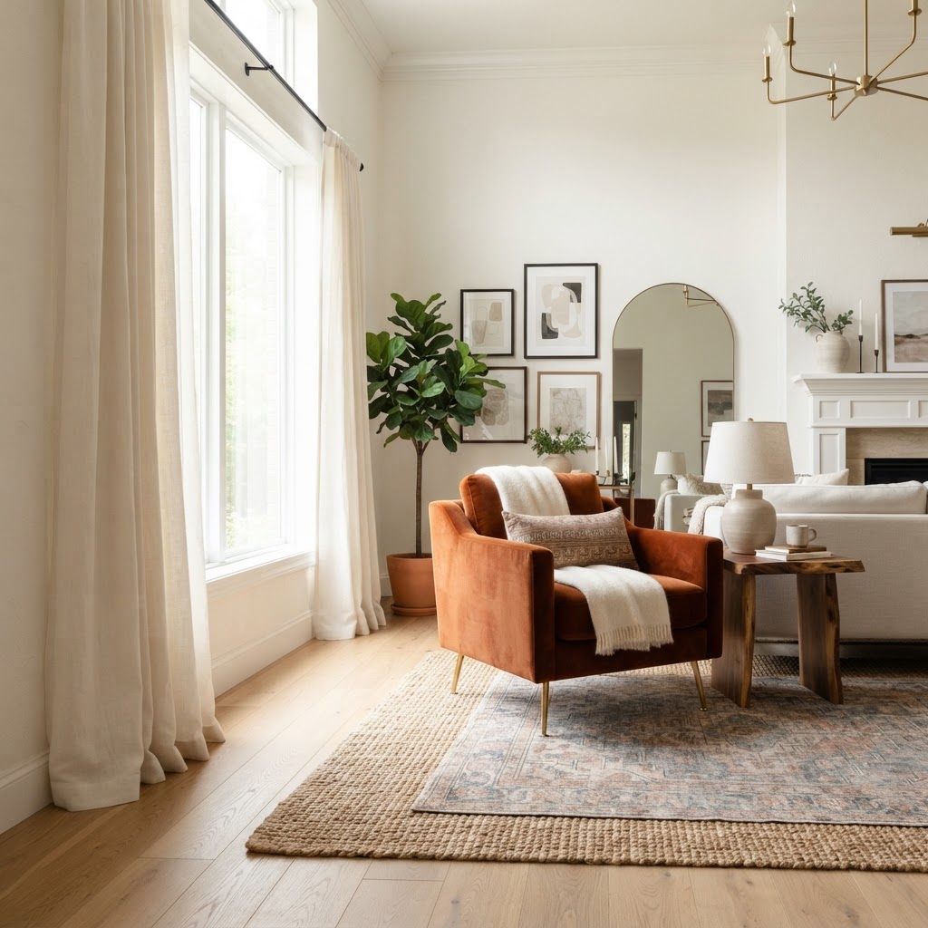 Higher curtain rods trick the eye to make rooms feel taller and more luxurious.
