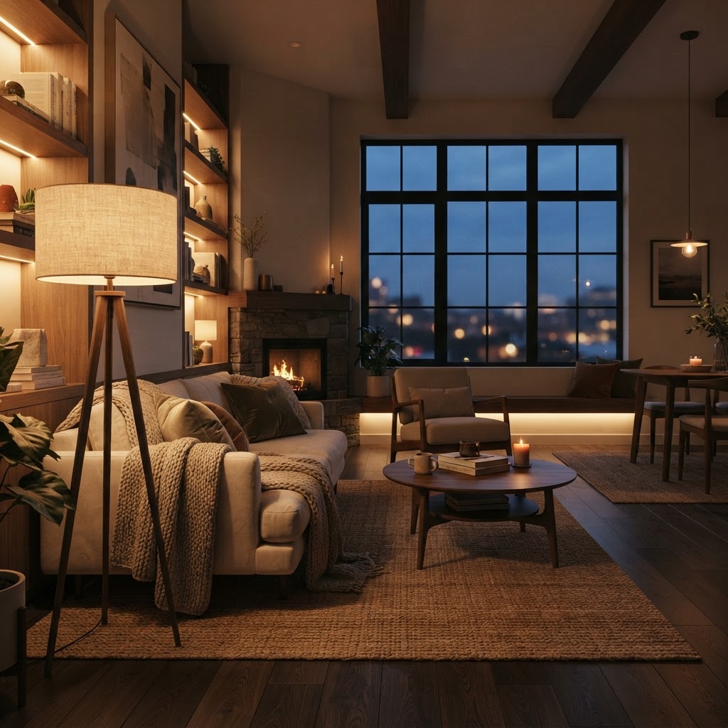 Layered lighting creates a cozy living room retreat.