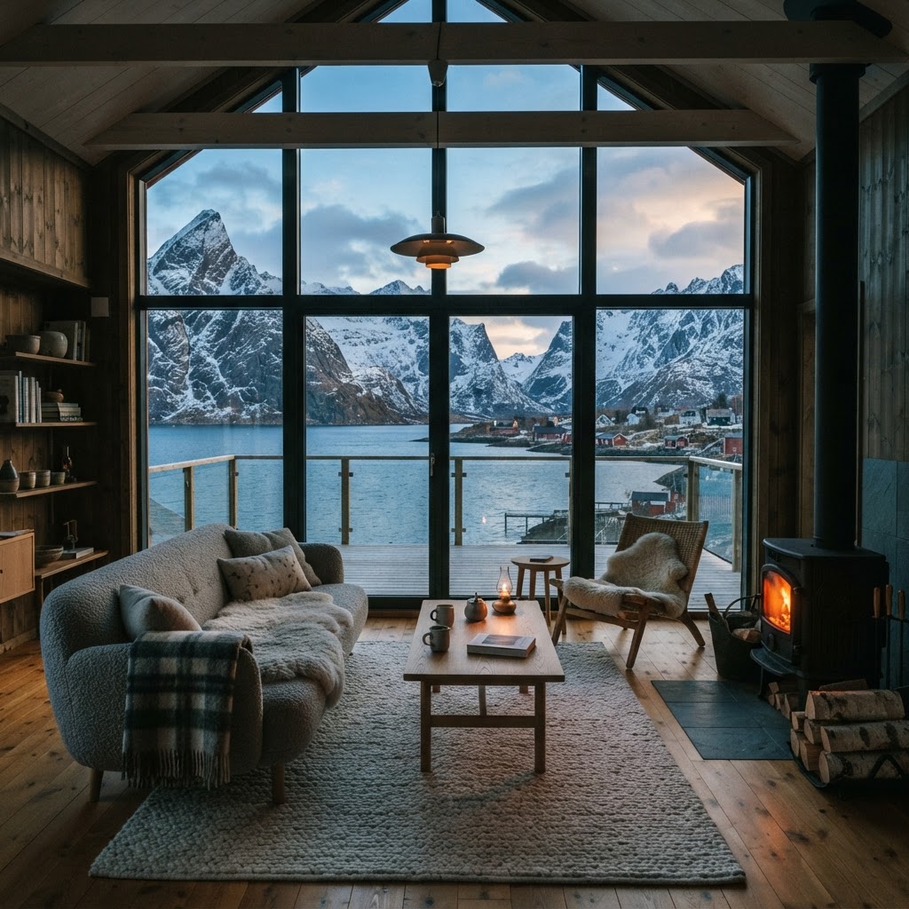 Modern Scandinavian interiors frame the stunning natural landscape like a painting.
