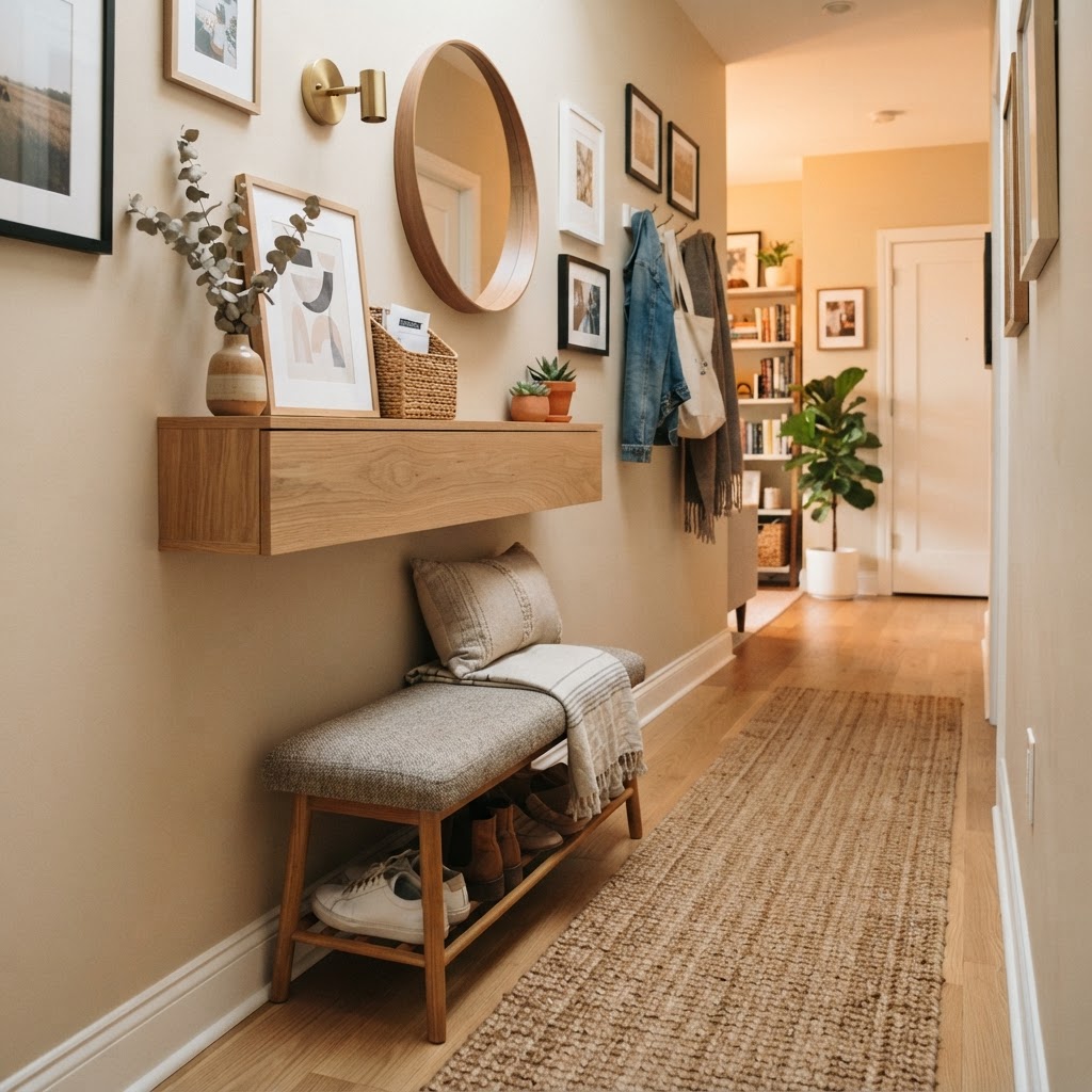 Floating shelves create an elegant display for footwear.