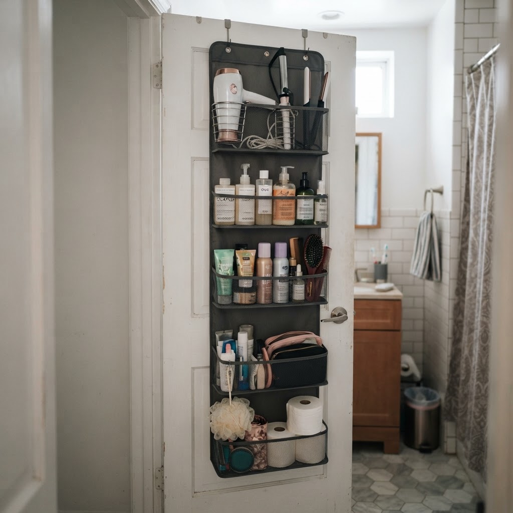 Over-the-door organizers maximize space without any drilling.