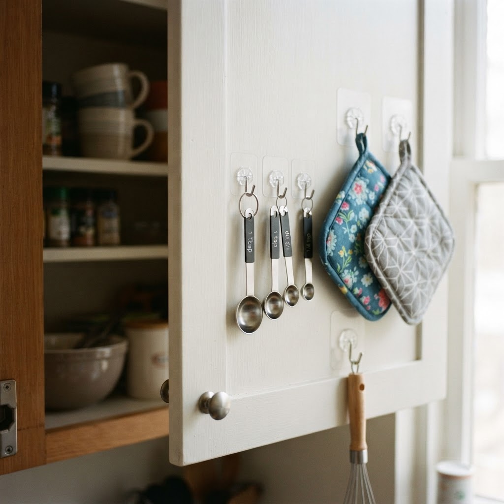 Adhesive hooks are a renter's best friend for maximizing cabinet door space.