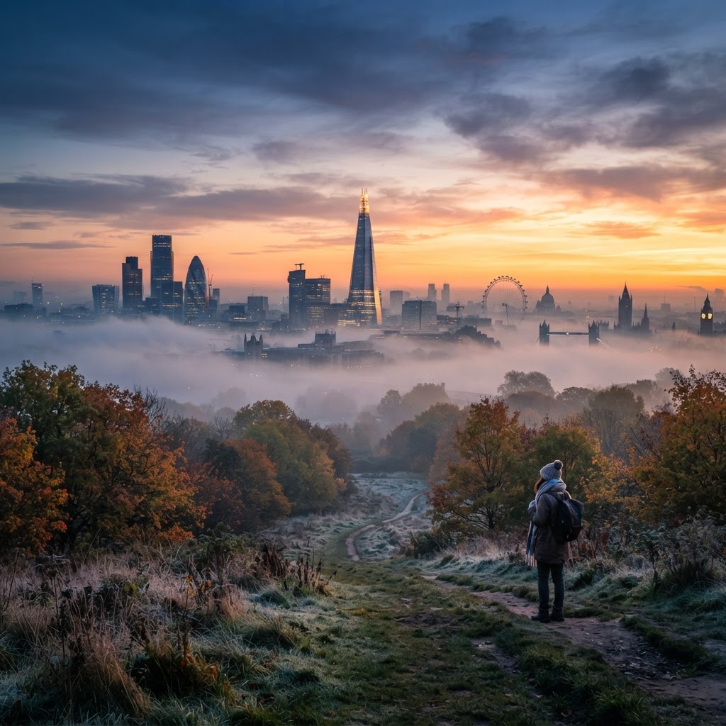 A misty, cinematic morning view over the London skyline.