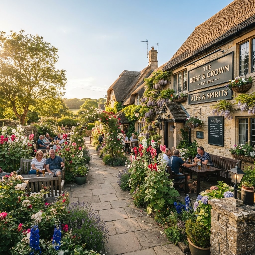 A beautiful, sun-drenched garden at a traditional English pub.