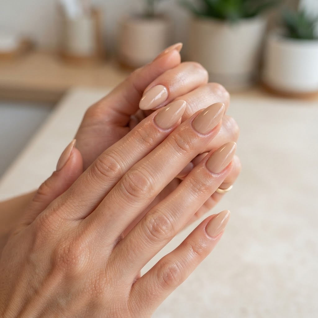 The clean girl aesthetic achieved with perfectly fitted almond press-ons.