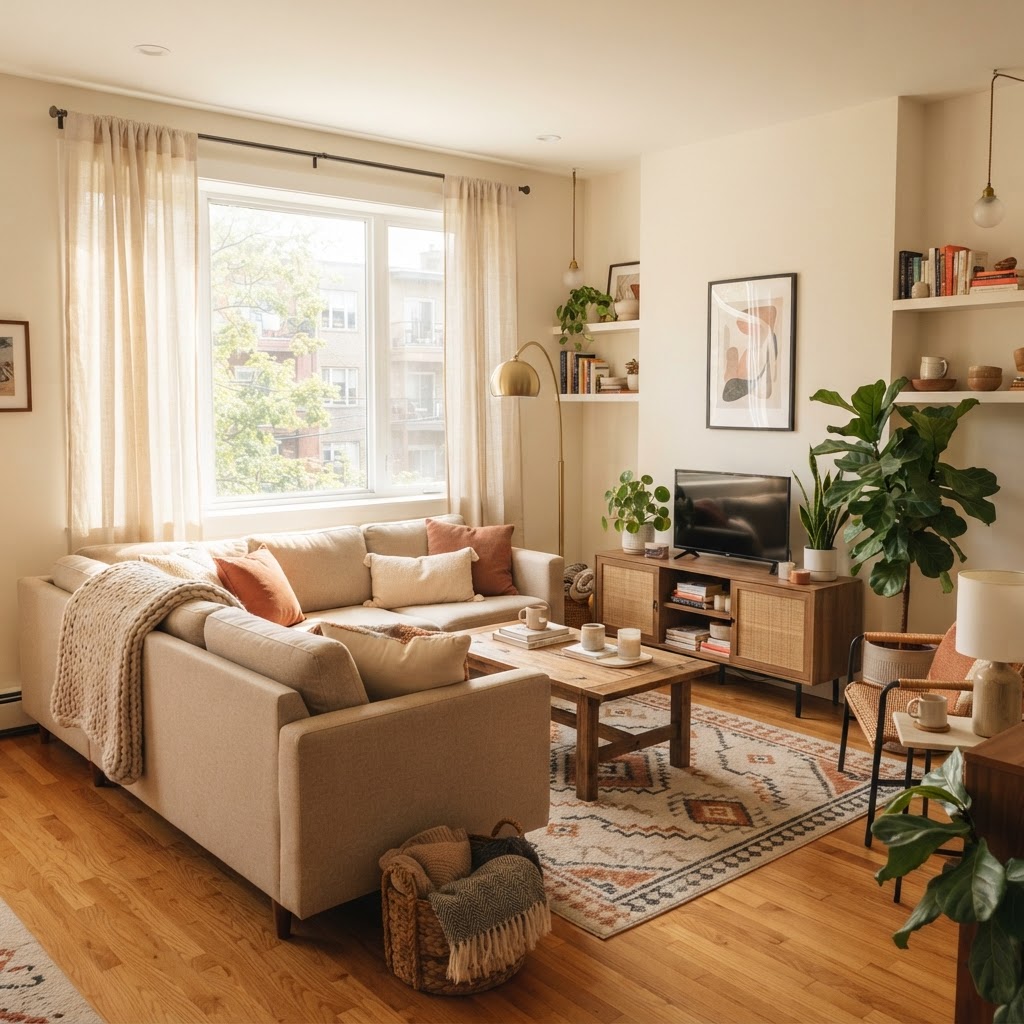 Warm lighting and soft textiles turn a generic rental into a cozy home.