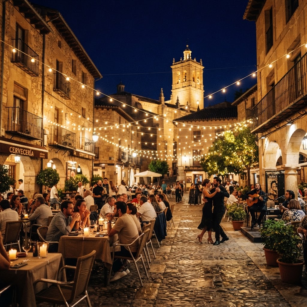 The glowing ambiance of a traditional Spanish plaza.