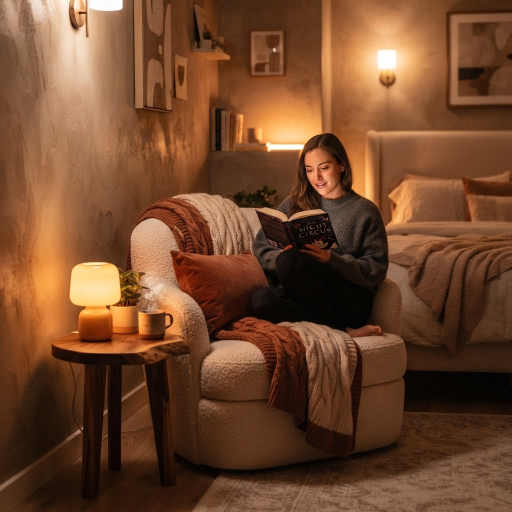 Smart lighting turns a bedroom into a dreamy sanctuary.