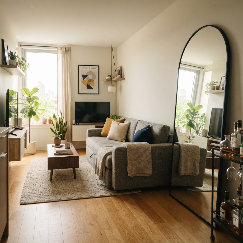 Using a large mirror can instantly double the visual depth of a small living room.