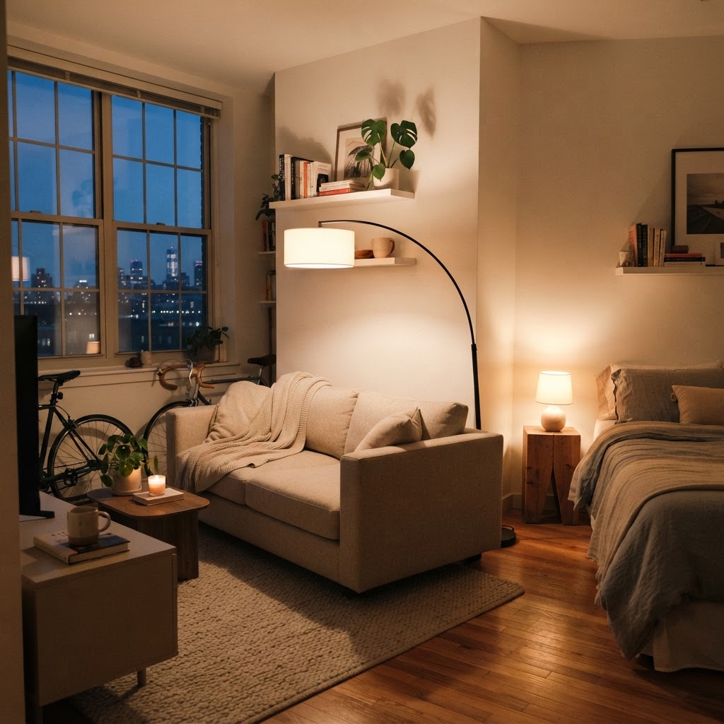 Use warm lighting to make a small studio feel larger and more inviting.
