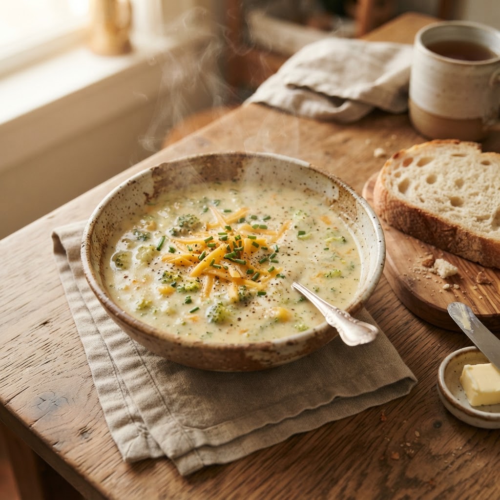 A perfectly plated bowl of homemade broccoli cheddar soup.