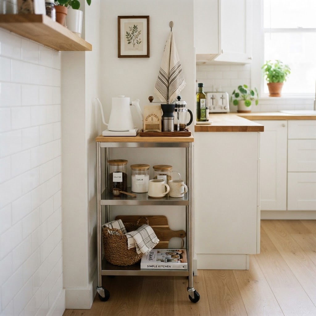 Rolling utility cart for extra storage space.