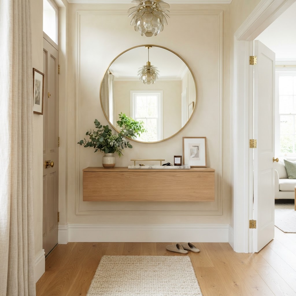 A sophisticated, airy entryway featuring a floating oak console and brushed brass accents.