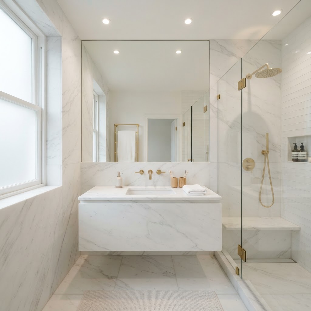 A large mirror helps expand the visual space of a small bathroom.