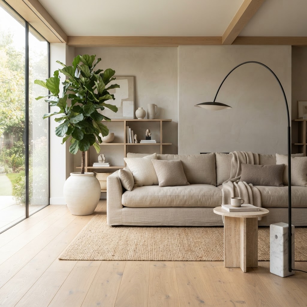 Using a neutral palette and sculptural plants elevates your apartment's luxury feel.