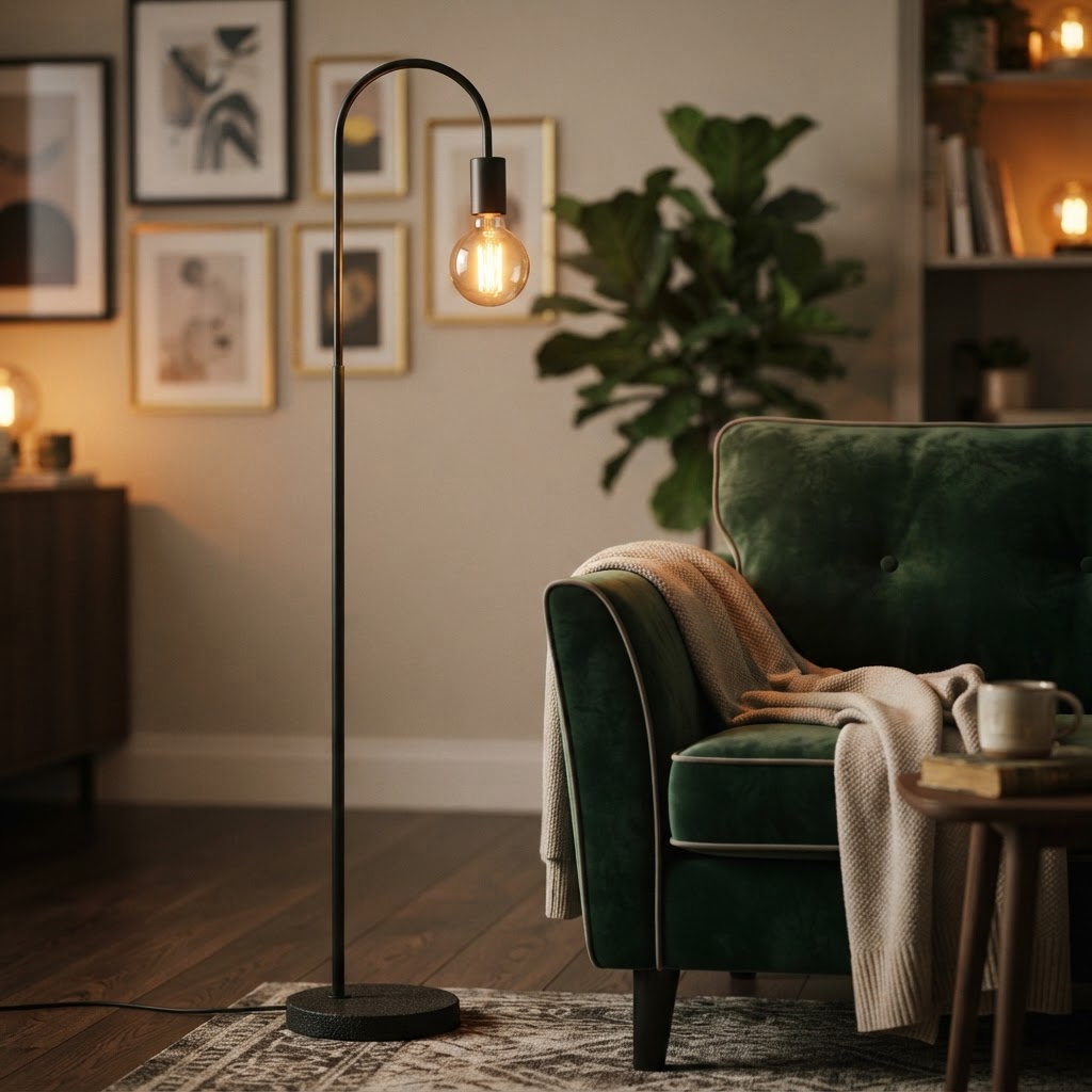 Matte black floor lamps provide a sleek, industrial touch to cozy reading corners.