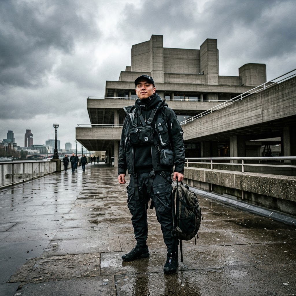The concrete textures of the Southbank elevate minimalist fashion.