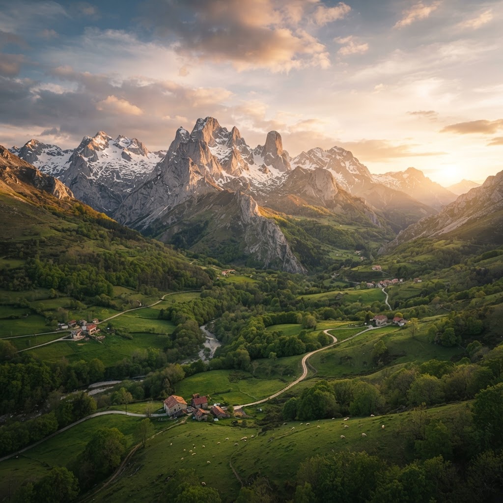 The breathtaking, rugged peaks of the Picos de Europa.
