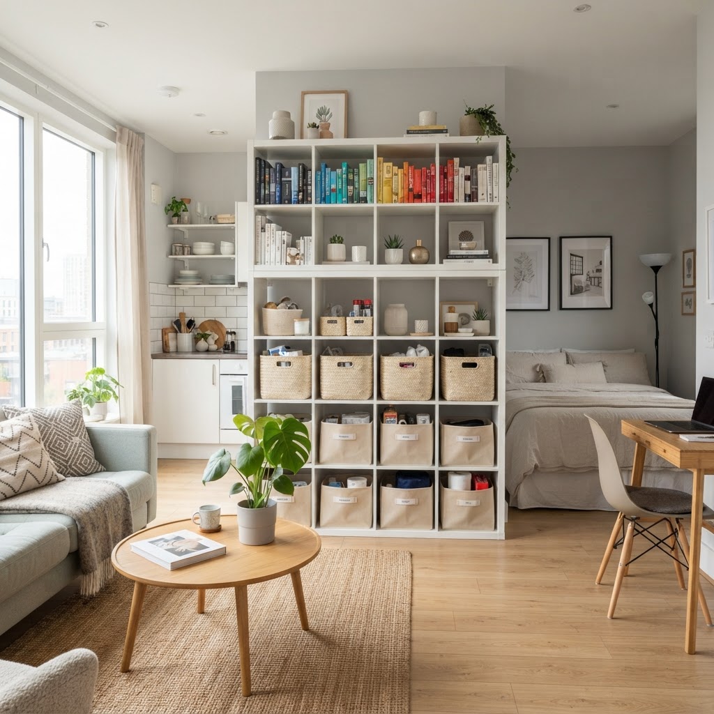 Modular shelving is an excellent way to add vertical storage without damaging walls.