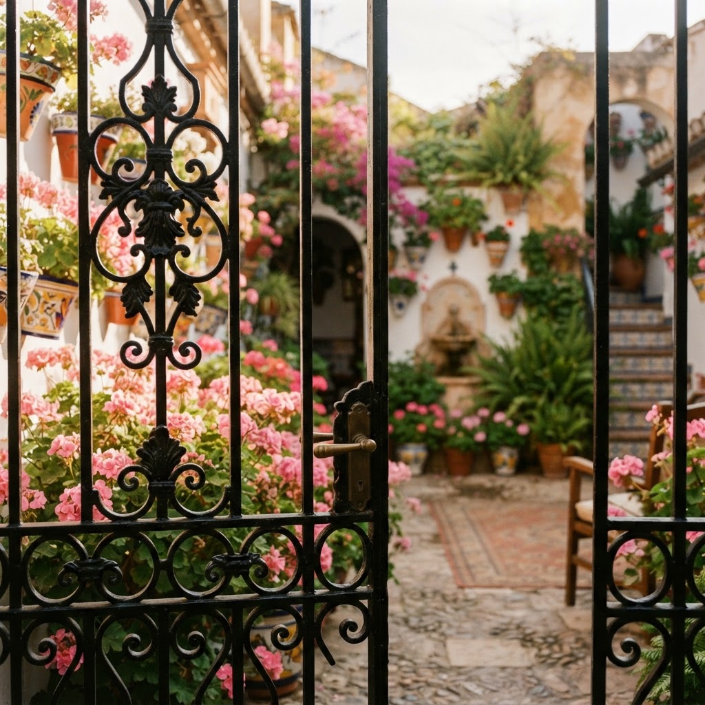 The view through a traditional wrought-iron gate into a hidden patio.