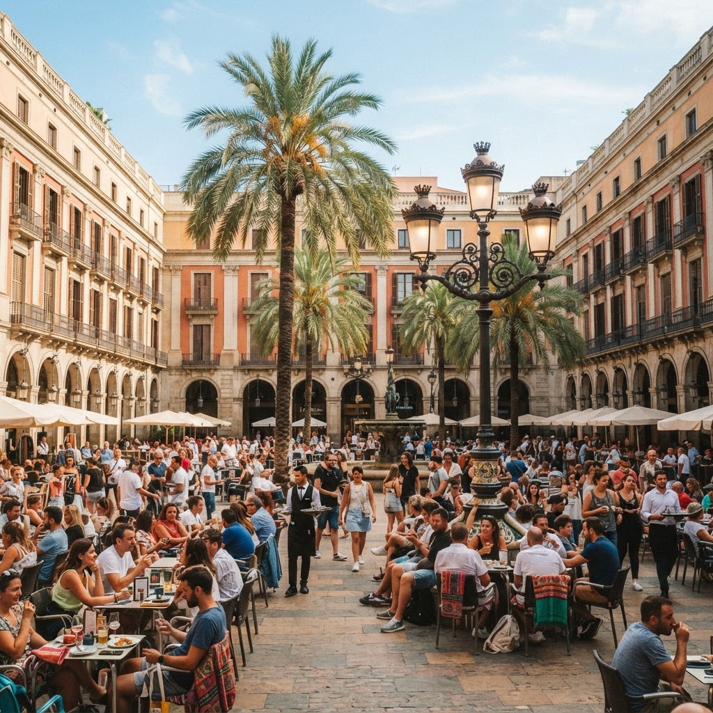 Palm trees and historic architecture create a beautiful setting in Plaça Reial.
