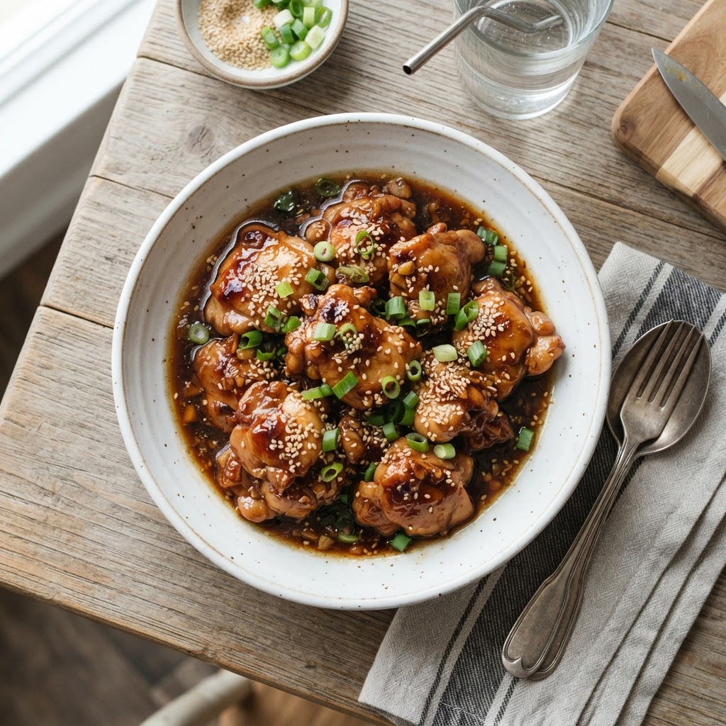 Delicious honey garlic chicken topped with sesame seeds.
