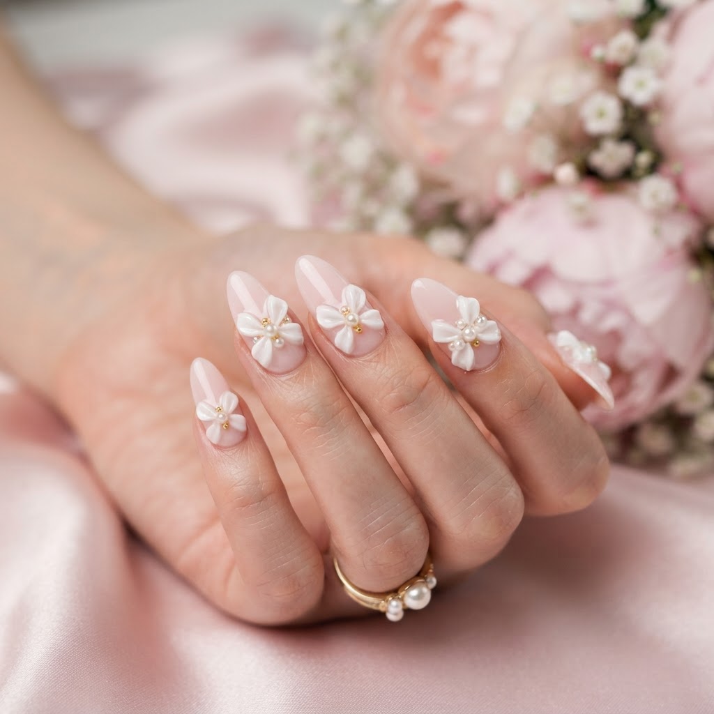 Elegant press-on nails with a delicate bow design.