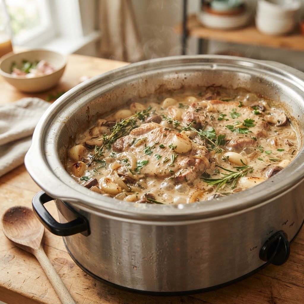 Slow-cooking pork chops in a rich, flavorful garlic parmesan sauce.