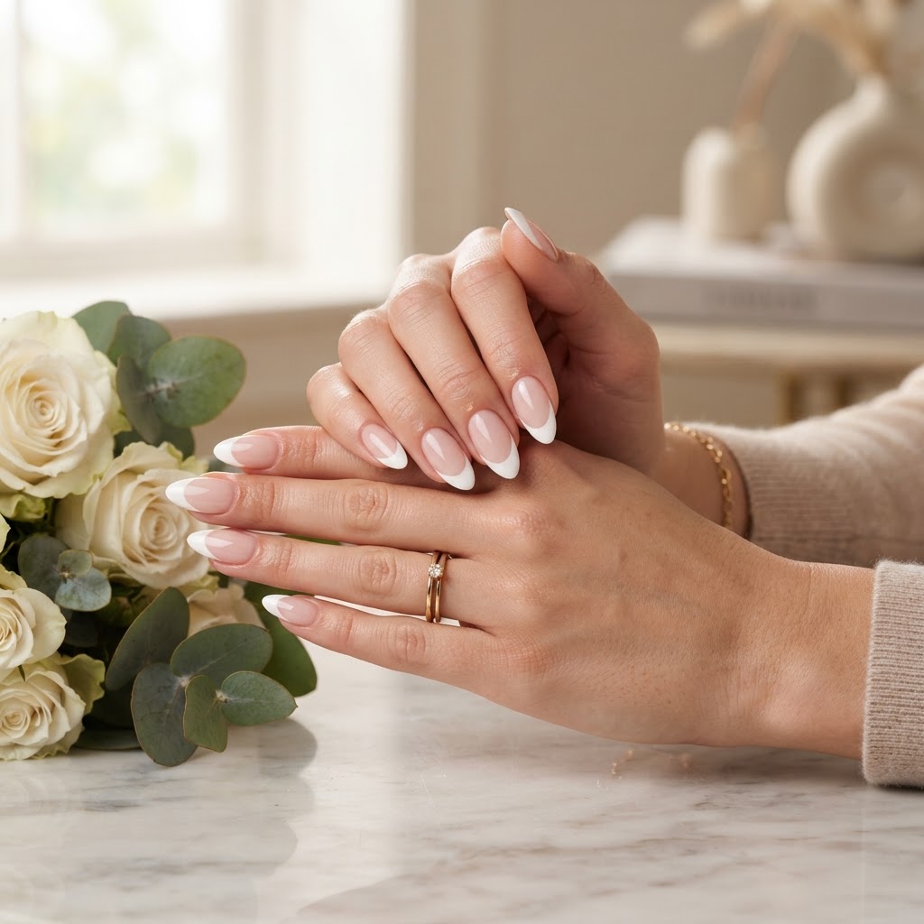 Classic almond-shaped press-on nails with a flawless French tip design.