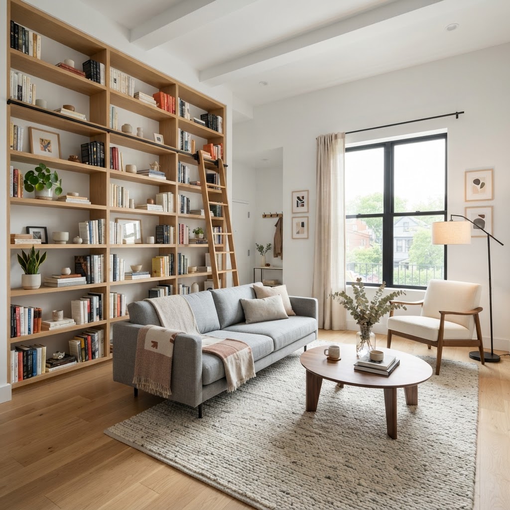 Utilize vertical space with floor-to-ceiling shelving.