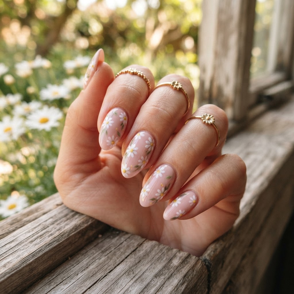 Soft pink floral cottagecore nails are the perfect spring accessory.